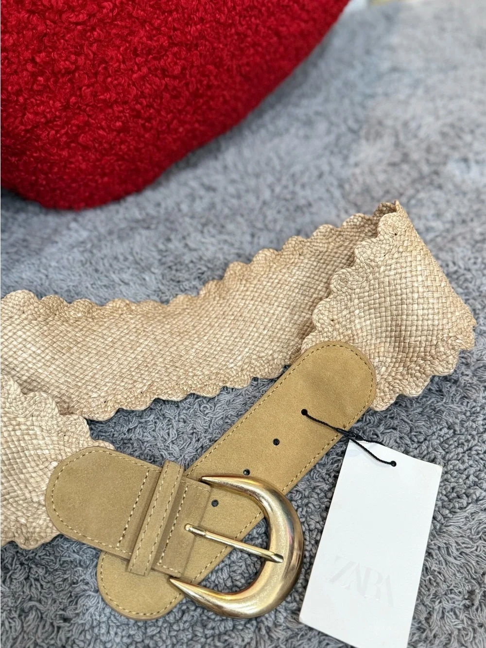 NWT Zara Wide Stretch Woven Belt Gold Buckle Beige Size 85